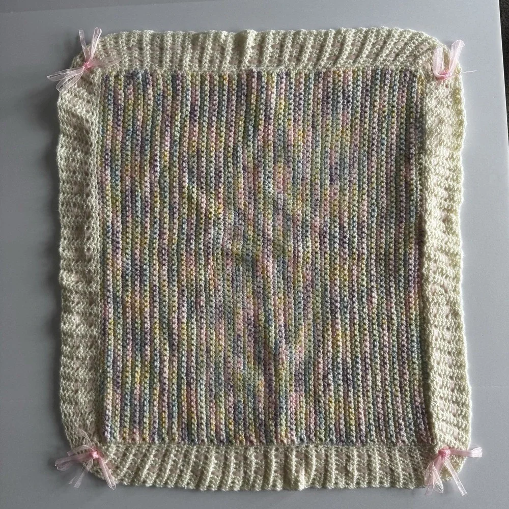 Vintage Cream Pastel Crochet Satin Weave Trim Baby Blanket Approx  25